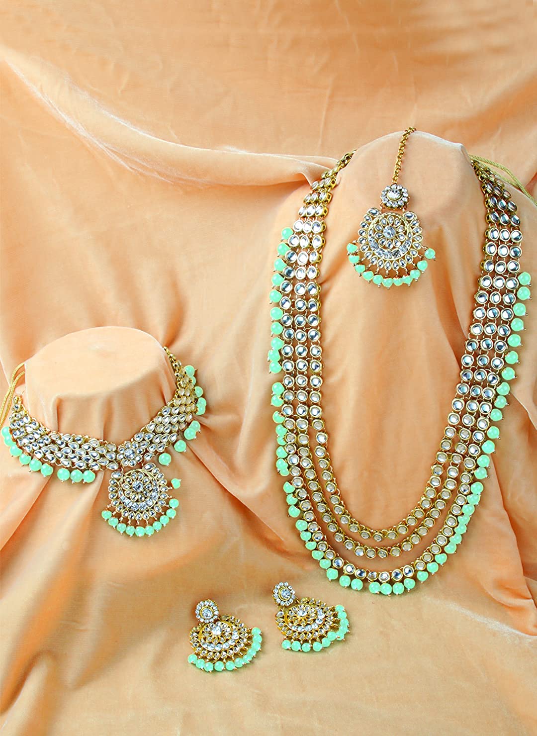 Aheli Indian Wedding Kundan Beaded Bridal Long Choker Necklace Earrings with Maang Tikka Traditional Jewellery Set for Women - Image 3